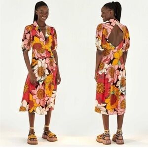 NWT Farm Rio Colorful Sunflowers Cut Out Back Collared Midi Dress S